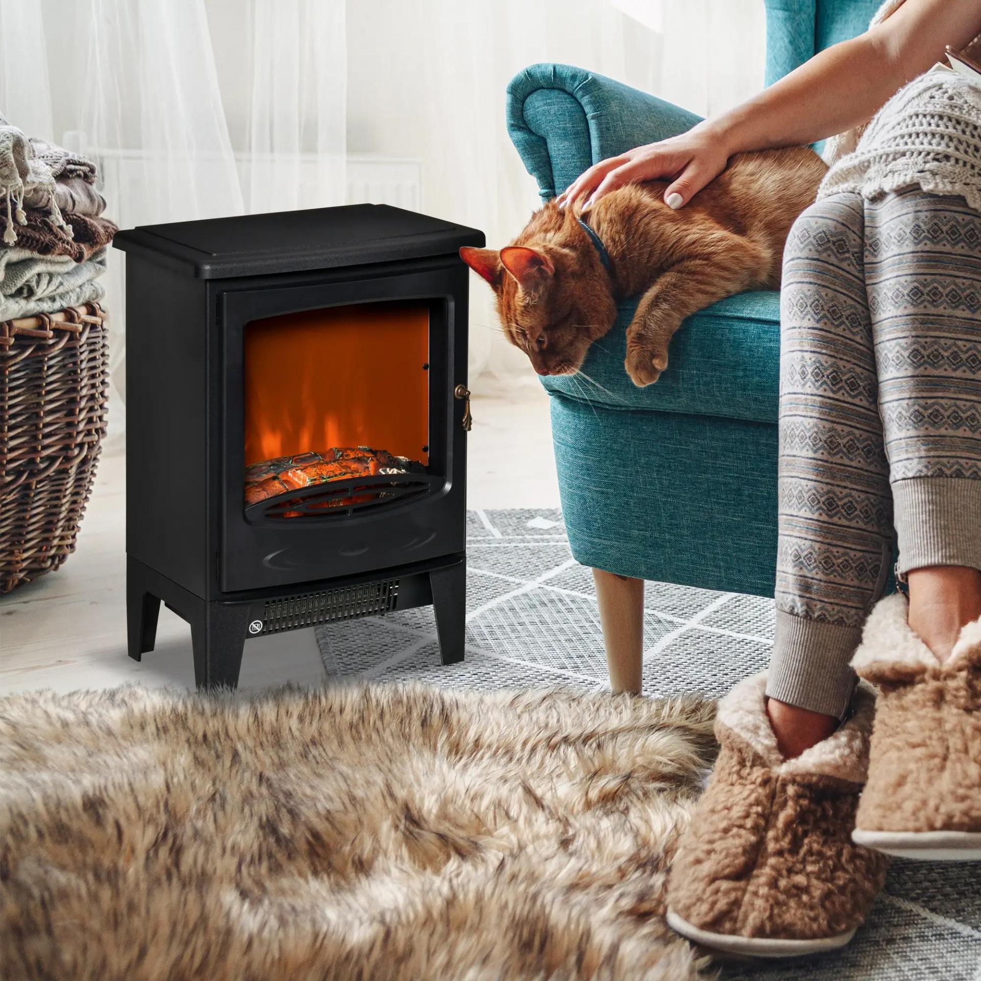 Chimenea Eléctrica Portátil de 900/1800W con Efecto de Llama Termostato Ajustable y Protección Sobrecalentamiento hasta 20 m² 39x26x54,8 cm Negro