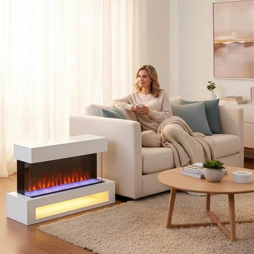 Chimenea eléctrica con 11 colores de llama, 10 colores de lecho de cristales, 1000W/2000W, mando a distancia, versátil, blanco