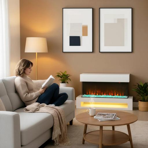 Chimenea eléctrica con 11 colores de llama, 10 colores de lecho de cristales, 1000W/2000W, mando a distancia, versátil, blanco [3]