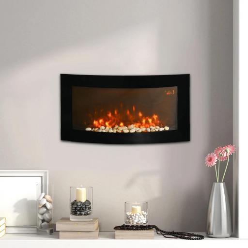 Chimenea Eléctrica de Pared 1000W/2000W con Temperatura Ajustable Efecto Llamas y Mando a Distancia 89,2x13,5x48cm Negro