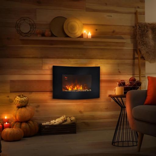 Chimenea Eléctrica 900W/1800W Chimenea Decorativa de Pared con Temperatura Ajustable Efecto Llamas Atmosféricas y Mando a Distancia para Sala 25-30 m² 65x11,4x52 cm Negro