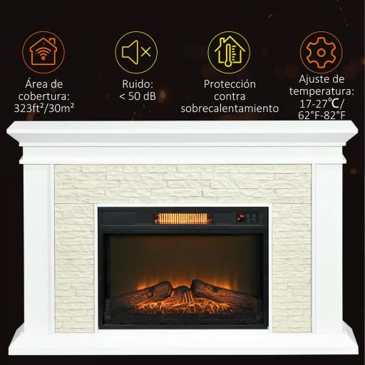 Chimenea Eléctrica con Calefacción 1800W Efecto de Llama con Control Remoto Temporizador 120x24x80 cm Blanco [4]