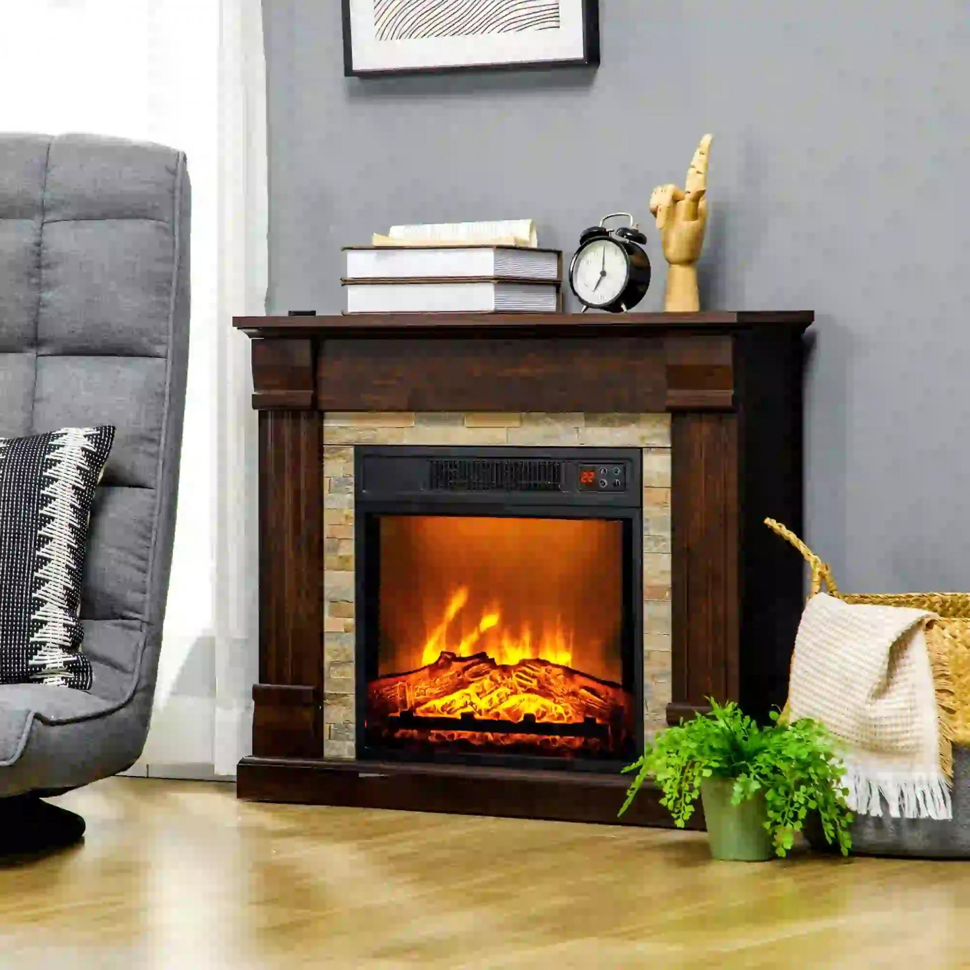 Chimenea Eléctrica 1800W Calentador de Chimenea con Efecto de Llama Mando a Distancia Temporizador 80x21,6x67,8cm Marrón