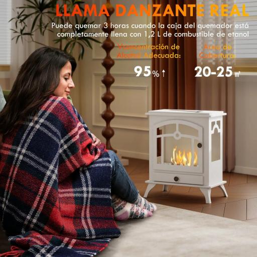 Estufa de Bioetanol de Pie con Tanque de 0,9 L Apagallamas de Acero Inoxidable Tiempo de Combustión 3H 45x28x54cm Blanco [2]