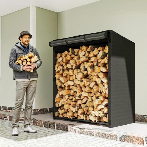Leñero Exterior Metálico de Chimenea Soporte para Leña con Cubierta Impermeable Carga 300 kg 140x70x154 cm Negro