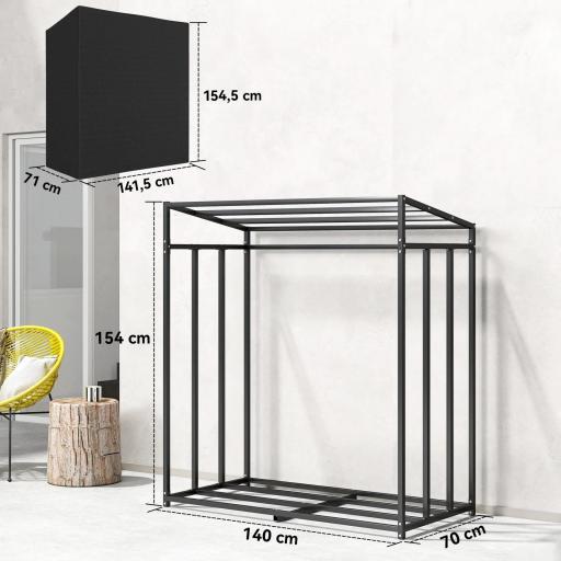 Leñero Exterior Metálico de Chimenea Soporte para Leña con Cubierta Impermeable Carga 300 kg 140x70x154 cm Negro [1]