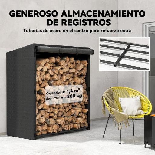 Leñero Exterior Metálico de Chimenea Soporte para Leña con Cubierta Impermeable Carga 300 kg 140x70x154 cm Negro [4]