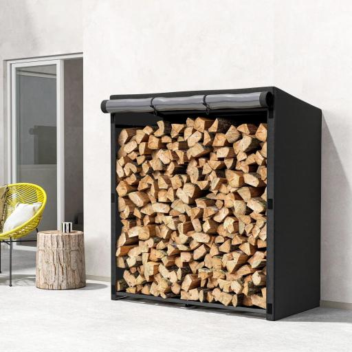 Leñero Exterior Metálico de Chimenea Soporte para Leña con Cubierta Impermeable Carga 300 kg 140x70x154 cm Negro [5]