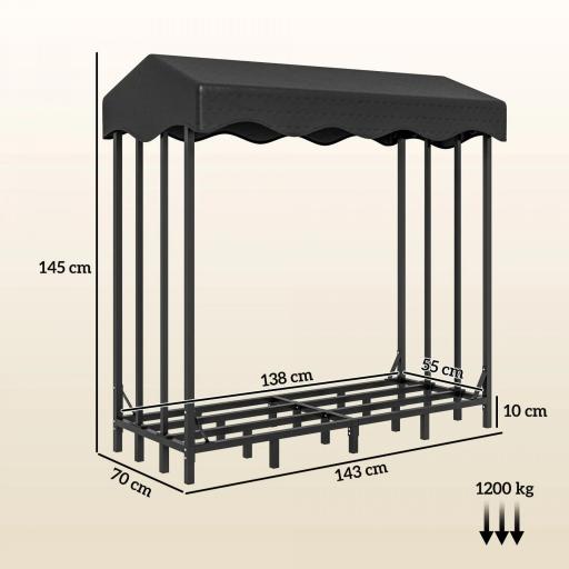 Leñero con Cubierta Soporte para Leña para Exterior con Estructura Reforzada Impermeable 143x70x145 cm Negro [1]