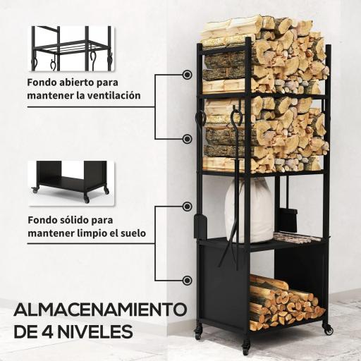 Leñero de 4 Niveles Soporte para Leña con Ruedas Pala Atizador Cepillo Tenazas para Interior Exterior 45x30x118 cm Negro [1]