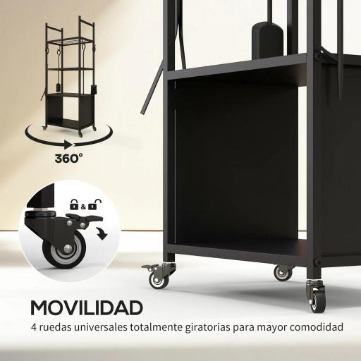 Leñero de 4 Niveles Soporte para Leña con Ruedas Pala Atizador Cepillo Tenazas para Interior Exterior 45x30x118 cm Negro [2]