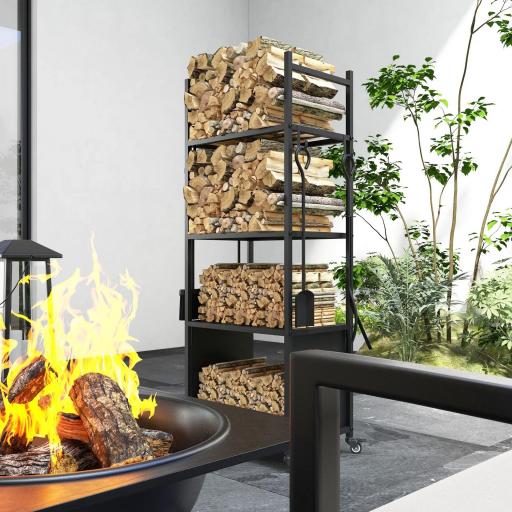 Leñero de 4 Niveles Soporte para Leña con Ruedas Pala Atizador Cepillo Tenazas para Interior Exterior 45x30x118 cm Negro [5]