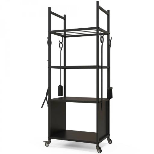 Leñero de 4 Niveles Soporte para Leña con Ruedas Pala Atizador Cepillo Tenazas para Interior Exterior 45x30x118 cm Negro [8]