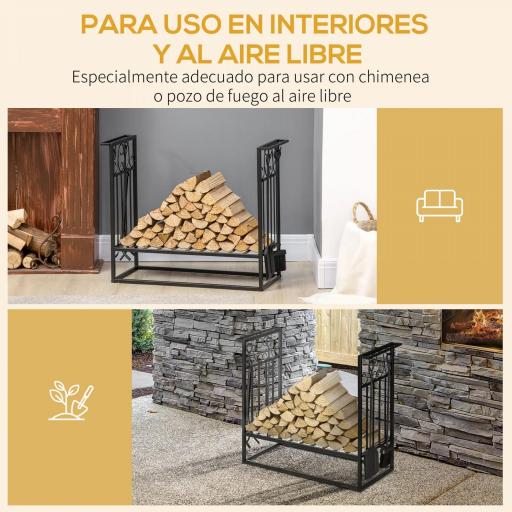 Estante para Leña de Chimenea 75x30x60 cm Soporte para Leña Tradicional Portaleña de Diseño Vintage con 4 Herramientas Base Elevada Carga Máx. 100 kg Acero para Interior y Exterior Negro [2]