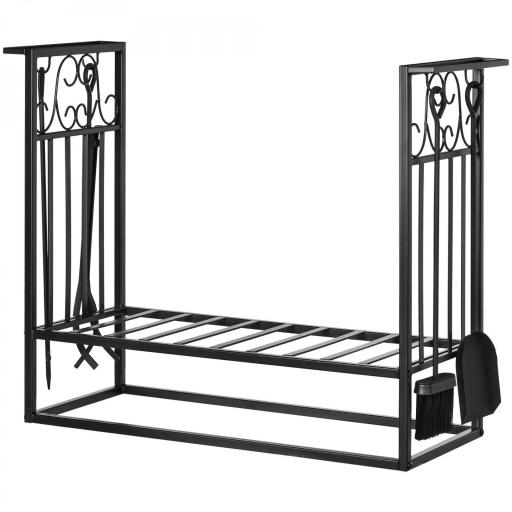 Estante para Leña de Chimenea 75x30x60 cm Soporte para Leña Tradicional Portaleña de Diseño Vintage con 4 Herramientas Base Elevada Carga Máx. 100 kg Acero para Interior y Exterior Negro [8]
