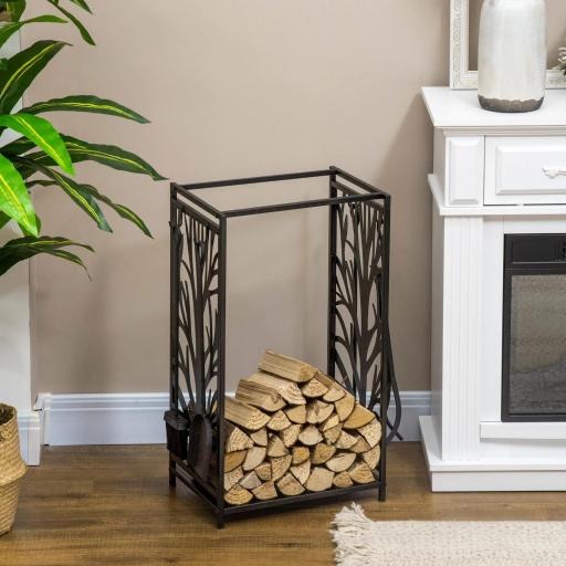 Estante para Leña Estantería de Almacenamiento para Chimenea 46x30x70 cm Soporte para Leña con 4 Herramientas Negro