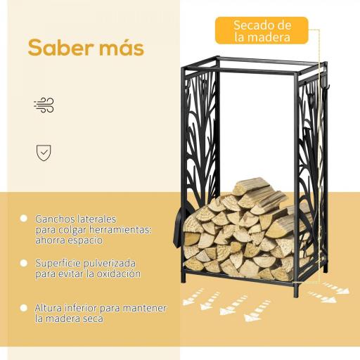 Estante para Leña Estantería de Almacenamiento para Chimenea 46x30x70 cm Soporte para Leña con 4 Herramientas Negro [3]