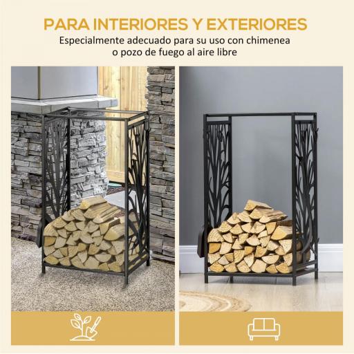 Estante para Leña Estantería de Almacenamiento para Chimenea 46x30x70 cm Soporte para Leña con 4 Herramientas Negro [5]