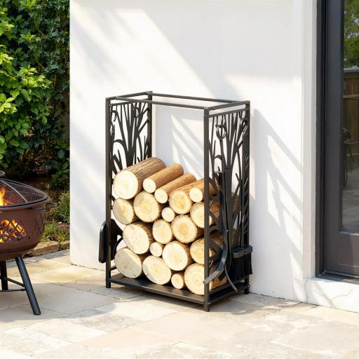 Estante para Leña Estantería de Almacenamiento para Chimenea 46x30x70 cm Soporte para Leña con 4 Herramientas Negro [7]