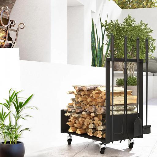 Leñero Metálico con Ruedas Soporte para Leña con Pala Escoba Atizador y Tenazas 48x30x76 cm Negro
