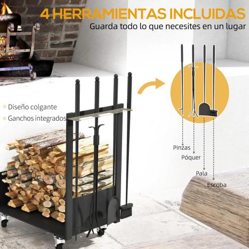 Leñero Metálico con Ruedas Soporte para Leña con Pala Escoba Atizador y Tenazas 48x30x76 cm Negro [4]