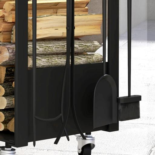 Leñero Metálico con Ruedas Soporte para Leña con Pala Escoba Atizador y Tenazas 48x30x76 cm Negro [6]