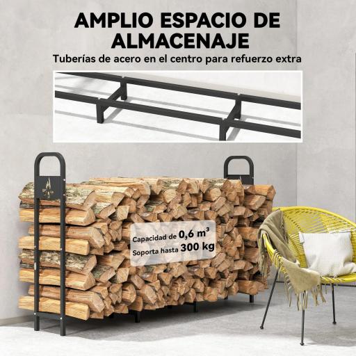 Leñero Exterior Metálico de Chimenea Carga 300 kg con Patas Extra Reforzadas y Diseño Recortado de Fogata Negro [3]