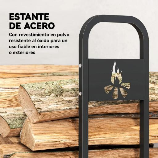 Leñero Exterior Metálico de Chimenea Carga 300 kg con Patas Extra Reforzadas y Diseño Recortado de Fogata Negro [2]