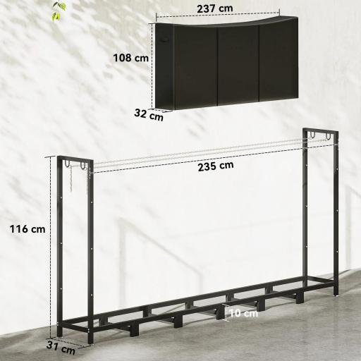 Leñero Exterior Metálico de Chimenea Soporte para Leña con Cubierta Impermeable y Cadenas de Acero 235x31x116 cm Negro [1]