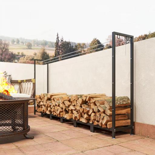 Leñero Exterior Metálico de Chimenea Soporte para Leña con Cubierta Impermeable y Cadenas de Acero 235x31x116 cm Negro [7]