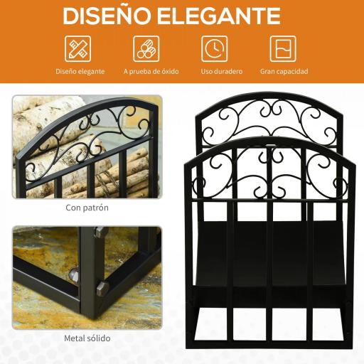 Soporte para Leña de Interior y Exterior en Metal con Estante Curvo de Leña 60,5x36x46,5 cm Negro [4]