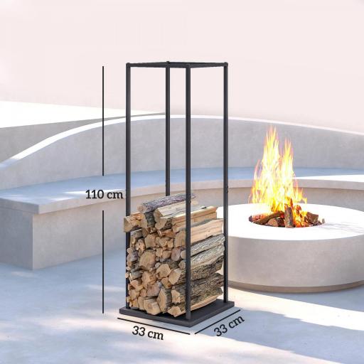 Estante de Leña Metálico de Chimenea Soporte para Leña con Base Elevada Anti-vuelco Carga 100 kg 33x33x110 cm Negro [1]