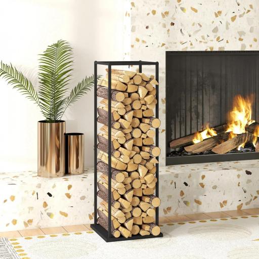 Estante de Leña Metálico de Chimenea Soporte para Leña con Base Elevada Anti-vuelco Carga 100 kg 33x33x110 cm Negro