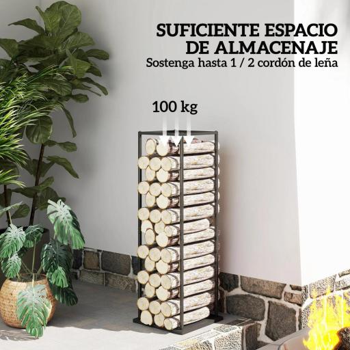 Estante de Leña Metálico de Chimenea Soporte para Leña con Base Elevada Anti-vuelco Carga 100 kg 33x33x110 cm Negro [3]