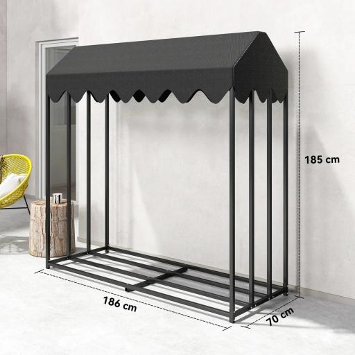 Leñero Exterior Metálico de Chimenea Soporte para Leña con Cubierta Impermeable Carga 300 kg 186x70x185 cm Negro [1]