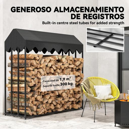 Leñero Exterior Metálico de Chimenea Soporte para Leña con Cubierta Impermeable Carga 300 kg 186x70x185 cm Negro [2]