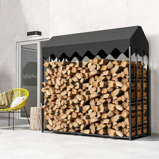 Leñero Exterior Metálico de Chimenea Soporte para Leña con Cubierta Impermeable Carga 300 kg 186x70x185 cm Negro [7]
