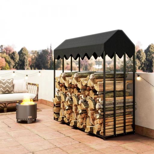 Leñero Exterior Metálico de Chimenea Soporte para Leña con Cubierta Impermeable Carga 300 kg 186x70x185 cm Negro [5]