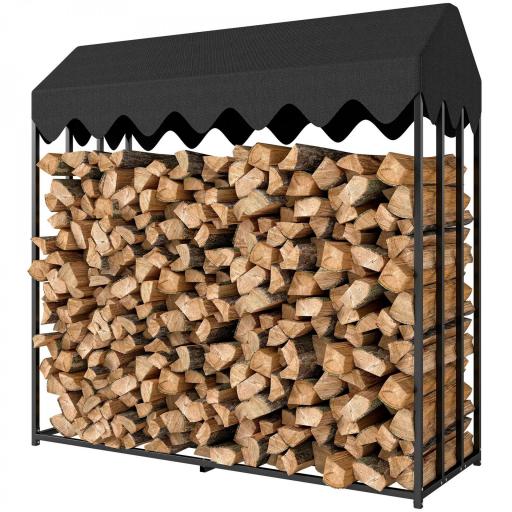Leñero Exterior Metálico de Chimenea Soporte para Leña con Cubierta Impermeable Carga 300 kg 186x70x185 cm Negro [9]