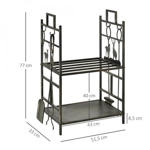 Soporte para Leña de Metal con 4 Herramientas y Asas para Interior y Exterior 51,5x33x77 cm Negro Dorado [3]