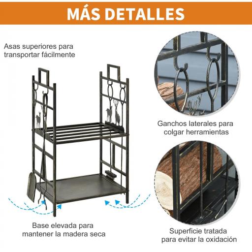 Soporte para Leña de Metal con 4 Herramientas y Asas para Interior y Exterior 51,5x33x77 cm Negro Dorado [4]