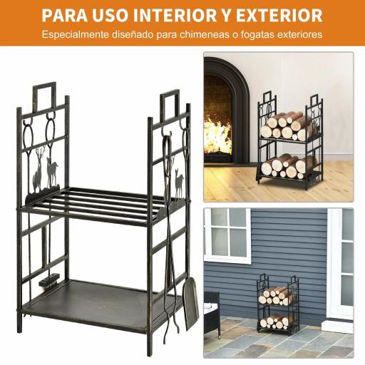 Soporte para Leña de Metal con 4 Herramientas y Asas para Interior y Exterior 51,5x33x77 cm Negro Dorado [1]