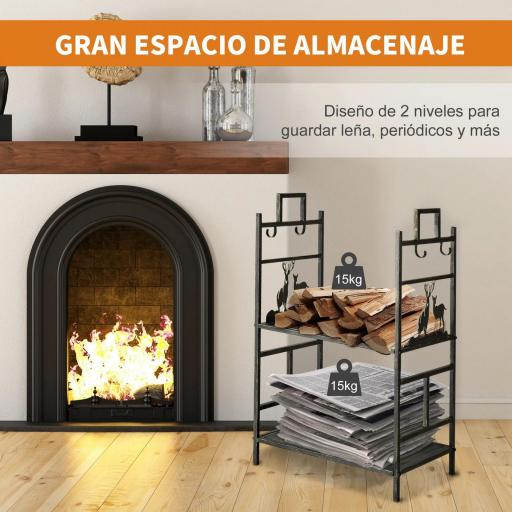 Soporte para Leña de Metal con 4 Herramientas y Asas para Interior y Exterior 51,5x33x77 cm Negro Dorado [2]