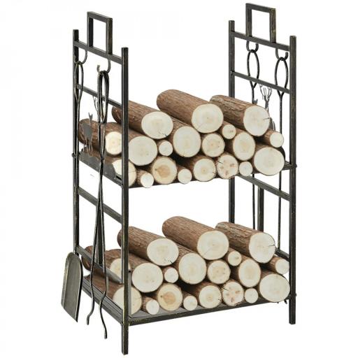 Soporte para Leña de Metal con 4 Herramientas y Asas para Interior y Exterior 51,5x33x77 cm Negro Dorado [9]