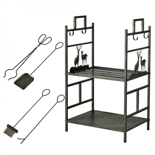 Soporte para Leña de Metal con 4 Herramientas y Asas para Interior y Exterior 51,5x33x77 cm Negro Dorado [8]