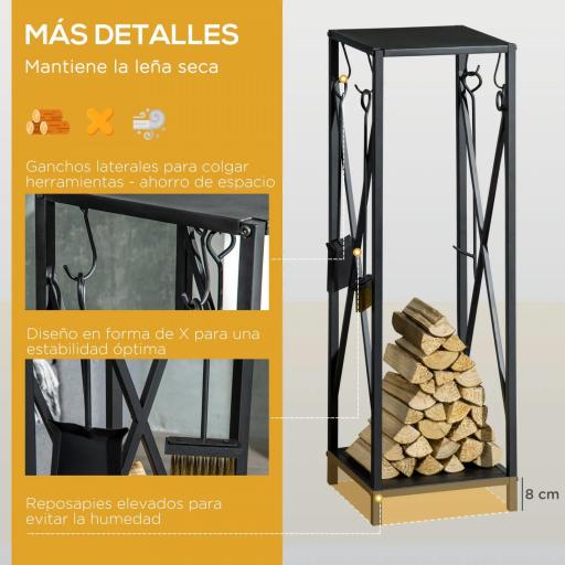 Estante de Leña Metálico Leñero de Exterior con Ganchos Pala Cepillo Atizador y Tenazas Carga 65 kg 34x34x111 cm Negro [4]