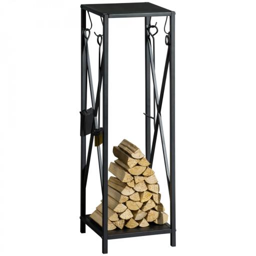 Estante de Leña Metálico Leñero de Exterior con Ganchos Pala Cepillo Atizador y Tenazas Carga 65 kg 34x34x111 cm Negro [9]
