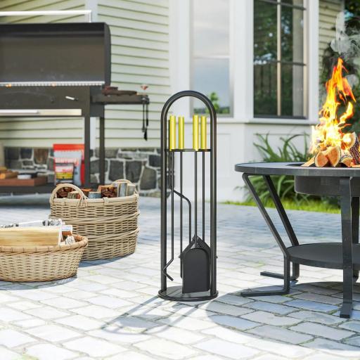 Juego de Utensilios para Chimenea de 5 Piezas de Metal con Escoba Pala Tenazas Atizador y Soporte 20x20x71 cm Dorado