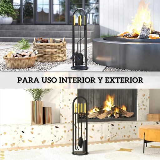 Juego de Utensilios para Chimenea de 5 Piezas de Metal con Escoba Pala Tenazas Atizador y Soporte 20x20x71 cm Dorado [3]