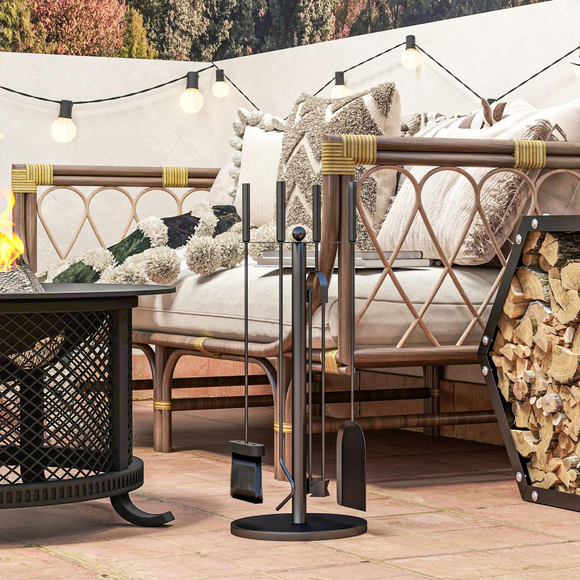 Juego de Herramientas para Chimenea de 5 Piezas de Metal con Escoba Pala Tenazas Atizador y Soporte Ø25x54 cm Negro